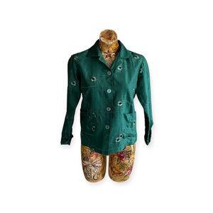 French Laundry blazer button up embroidery floral green small silk top